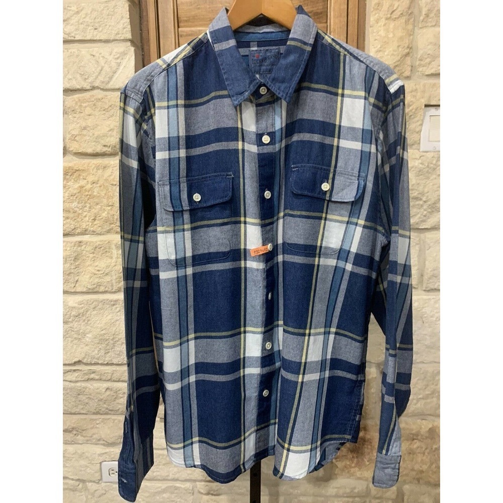Lucky Brand Men’s Long Sleeve Cotton Button Up Shirt Blue White Check Size L